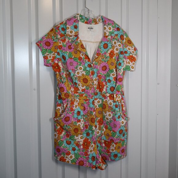 Show Me Your Mumu Outlaw Romper Flower Market Denim Size 2X Colorful No Belt - Picture 1 of 10